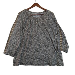 J. Jill Wmns Lg Petite Black White Floral Yellow Trim Knit Peasant Top Cottage
